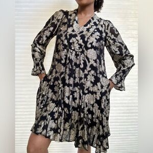 Anthropologie Black & Gold Metallic Floral Babydoll